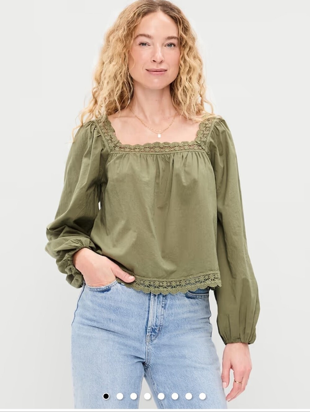 Old Navy 100% Cotton Olive Green Peasant Blouse with Crochet Lace Trim